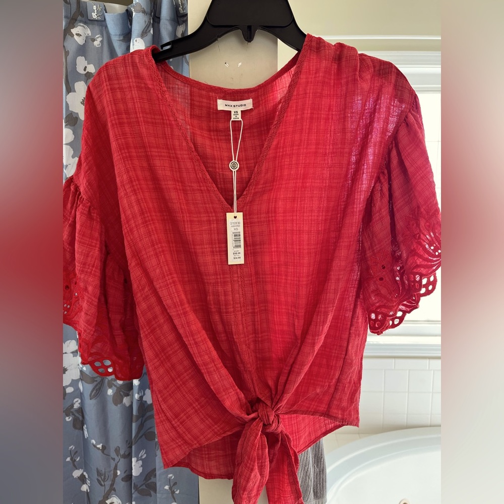 Red front tie blouse
